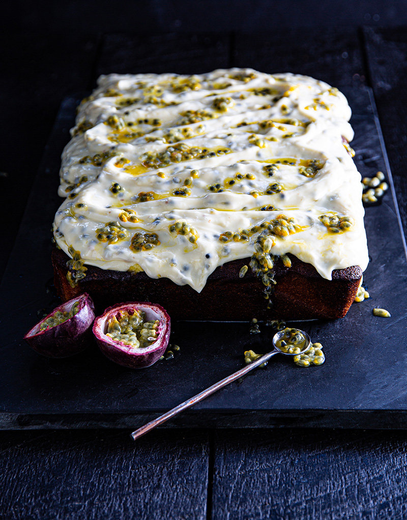 Passionfruit sour cream slab cake